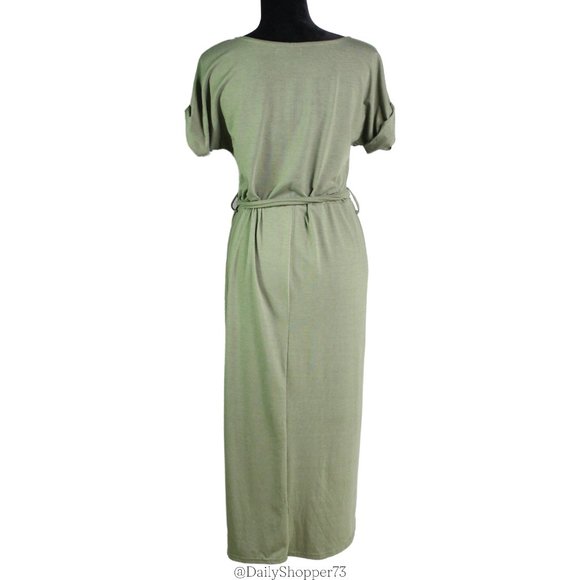 Azbro Women's Tulip Hem Short Sleeve Jersey Knit Olive Green Midi Dress - Picture 3 of 4